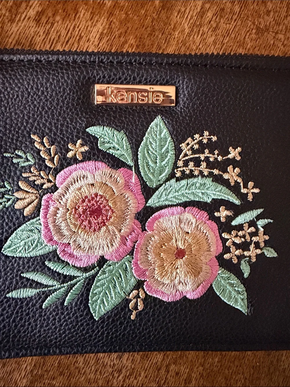 Kensie Black Floral Embroidered Wristlet with Pink & Cream Flowers